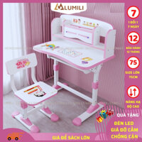 bàn ghế học sinh Lumili D2 có giá sách chống gù chống cận, bàn học thông minh kèm kệ sách phù hợp cho trẻ em từ 4-15 tuổi nâng hạ độ cao , ngăn bàn lớn