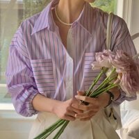 ！Bản gốc！Áo sơ mi xanh Hàn Quốc cho phụ nữ, áo sơ mi sọc retro thanh lịch, áo chống nắng, áo lưới, áo khoác ngoài LBKI