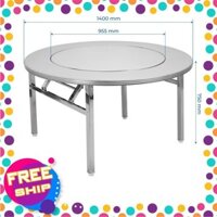 Bàn inox 304 tròn có đường kính 1m4 có mâm xoay chân xếp thái gấp, cạnh vuông an toàn