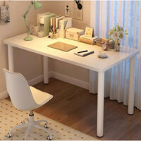 Bàn làm việc, bàn học, bàn gaming màu trắng, chân sắt tròn, sơn tĩnh điện, để kệ sách, decor phòng kiểu Hàn