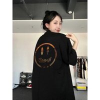 Bán Mới Lưng Mặt Cười In Hình Tay Ngắn Thời Trang Hàn Quốc Unisex Rời Cổ Tròn Áo Thun