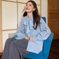 Bán Nóng Áo cá tính F & X Áo sơ mi dài tay thiết kế 100% cotton áo sơ mi ngọt ngào đường khâu viền ren phối ren cổ khăn quàng cổ cho nữ áo rộng rãi mặc ngoài