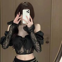 Bán Nóng Áo sơ mi cá tính F & X Màu đen ren dài tay kiểu ngắn thiết kế nơ bướm hở xương quai xanh Áo Hàn Quốc đầu thu nữ mặc bên ngoài