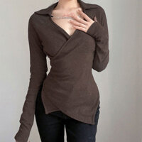 Bán Nóng Áo thun dài tay màu nâu không đều màu nâu không đều có cảm giác thiết kế F & X áo thun phối trong cổ điển cho nữ có dây xích cổ lật