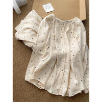 Bán Nóng Bộ đồ ngủ đáng yêu F & X QUần dài tay cardigan mỏng cổ tròn phong cách Instagram phong cách nữ chấm bi đơn giản phong cách Hàn Quốc Bộ đồ phục vụ tại nhà