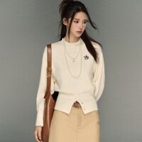 Bán Nóng F & X Áo len cá tính Dệt Kim Kiểu Mỹ cổ điển nguyên bản thiết kế cổ tròn nút thêu hoa Áo len nữ thu gọn eo áo len dễ phối