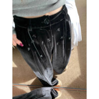 Bán Nóng Quần thường ngày cá tính F & X Quần ống rộng màu đen in hình bướm dày dặn lót nhung quần dài thường ngày lau sàn lười biếng tôn dáng gầy cạp cao mùa đông cho nữ