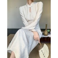 Bán Nóng Váy liền dáng dài F & X Váy liền cổ đứng tay loe dài tay màu be sườn xám cách tân kiểu Trung Quốc mới đầu xuân năm 2024 cho nữ váy dài