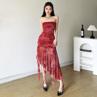 Bán Nóng Váy liền màu Đỏ F & X, váy liền thân, áo ống in họa tiết rồng sang trọng mới kiểu Trung Quốc, ôm sát không quy tắc, váy dài vừa, đuôi năm mới