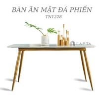 Bàn phòng ăn mặt đá phiến hình chữ nhật có vân đẹp chân mạ màu vàng sang trọng nhập khẩu TN1228-14E TpHCM  - 1m4 - Mặt đá bóng  xám vân