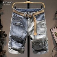 Bán Quần Short Denim Thời Trang Độc Đáo Nam Mùa Hè Mỏng Phong Cách Hợp Thời Trang Khâu Quần Áo Nhiều Túi Rách Miếng Dán Năm Điểm Breeches 25.1.14