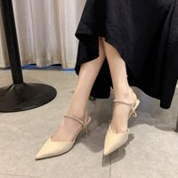 Bán Sỉ- Giày sandal cao gót bít mũi da lì gót vàng quai đá 7p