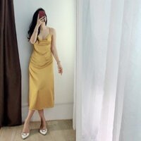 (Bán sỉ) Váy lụa satin hai dây cổ đổ siêu sexy 4 màu đen ghi vàng đỏ (ảnh thật) (Cam kết hàng y hình)  ྇ ་