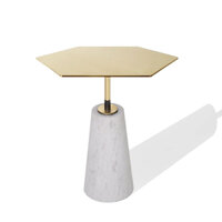 Bàn tab BTK03, đế đá trắng muối hình thang, trụ và mặt inox 304 mạ PVD vàng hình lục giác