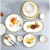 (BÁN THEO SET) Bộ Chén Bát Gốm Sứ Màu Trắng Viền Vàng Tráng Men Cao Cấp - Phong Cách Tối Giản Bắc Âu