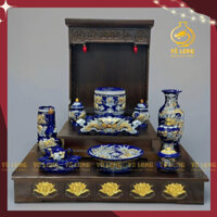 Ban thờ thần tài địa màu xanh dương chuẩn phong thủy gốm sứ Bát Tràng, bộ đồ thờ đắp nổi cao cấp