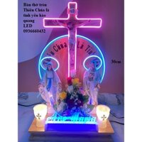 Bàn thờ Thiên Chúa là tình yêu đèn LED hào quang 65x40(cm) tượng 30cm, trang trí bàn thờ trần thấp