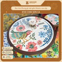Bàn trà, cafe mosaic gốm mặt tròn Chim Sơn Ca khung gỗ/sắt Qmosaic Bát Tràng ĐK50/55cm C45cm