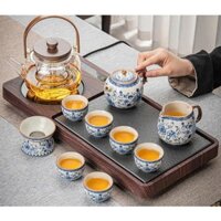 Bàn trà điện thông minh mini ấm chén tráng men nứt hoa văn cổ điển cao cấp KT 48.2x23.8x5 cm 0125