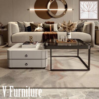 Bàn trà đôi Sofa phòng khách mặt đá kết hợp kính có hộp tủ 2 tầng chân kim loại sơn tĩnh điện sang trọng, hiện đại