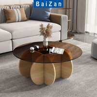 Bàn trà mặt kính tròn chân gỗ mdf ,bàn xofa tròn mặt kính decor phòng khách hiên đại thương hiệu Baizan-801
