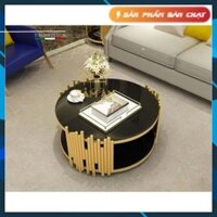 Bàn Trà Tròn 2 Tầng D70 Mặt Kính Đen Chân Sắt Sọc Sơn Vàng