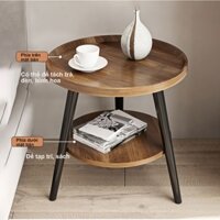 Bàn trà tròn gỗ 2 tầng decor phòng khách đẹp 50cm, Bàn đặt góc sofa phòng khách mặt gỗ chân sắt chắc chắn decor nhà đẹp