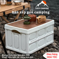 Bàn xếp gọn camping bàn cắm trại dã ngoại hộp đựng đồ đa năng bằng nhựa, nắp gỗ MDF để đi du lịch, picnic