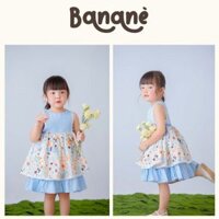 Bananè Kids Đầm caro xanh phối nơ eo cho bé gái, váy xòe công chúa họa tiết hoa xinh xắn - D15X