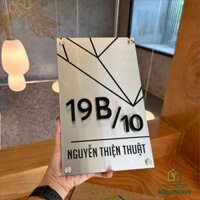 BẢNG, BIỂN SỐ NHÀ. Nền inox 304 xước trắng, nội dung chân mica trong, mặt mica đen + in UV, ngoài trời. BSN-PMV265