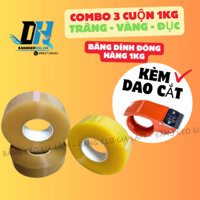 Băng dính, COMBO MUA 3 CUỘN BĂNG DÍNH ĐÓNG HÀNG 1KG TẶNG KÈM 1 DAO CẮT BĂNG DÍNH