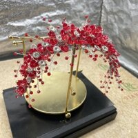 Băng đô cài tóc cô dâu hoa đỏ đính đá pha lê mẫu mới t2/2024