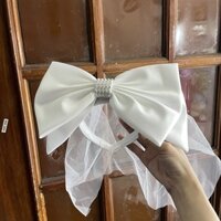 Băng đô cài tóc cô dâu nơ to phối voan che mặt có sẵn gọng cài siêu dễ thương