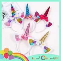Băng đô cài tóc kỳ lân Unicorn nhiều màu - Hoa vải - Hồng