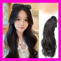 Băng đô tóc giả nơ lụa đen cài nửa đầu dáng xoăn và thẳng