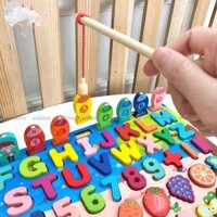 Bảng gỗ câu cá có gắn nam châm. Bảng gỗ học chữ cái, số đếm, ghép hình học, động vật cho bé