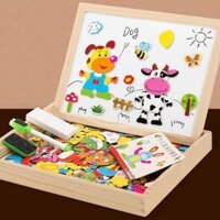 Bảng gỗ nam châm 2 mặt ghép hình con vật tặng kèm phấn viết bảng, sách hướng dẫn, miếng lau bảng, bút viết