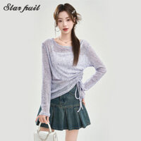 Băng lụa dệt kim dài tay chống nắng áo sơ mi nữ dây rút rộng áo thun lệch vai hàng đầu thủy triều