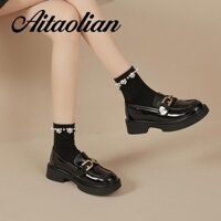 Bằng Sáng Chế Da / Mờ 5cm Da Trang Trọng Phong Cách Anh Quốc Cổ Điển Nữ Giày Đế Bằng Ngón Tròn Da Mềm Giày Nữ Loafers Thời Trang