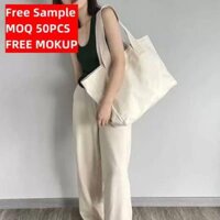 Bangji Reusable & Washable Beige Poly Cotton Canvas Tote Bag Plain Blank Shopping Utility with Letter Pattern