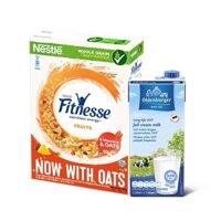 Bánh ăn sáng ngũ cốc miếng trái cây Fitnesse Fruits 450g với sữa Đức Oldenburger 1L