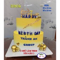 bánh cưới 2 tầng màu vàng chứ happy birth day , bánh giả trưng bày thay bánh thật , đạo cụ chụp hình