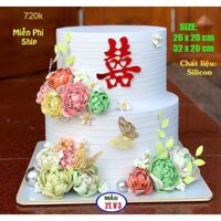 Bánh cưới giả , bánh cưới 2 tầng hoa đá chữ hỷ , 2t v3