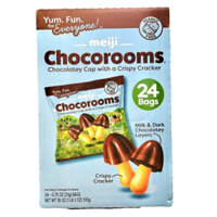 Bánh socola Nấm Meiji Chocorooms Chocolatey Cap with a Crispy Cracket của Nhật hộp 510gr gồm 24 gói