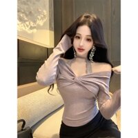 【BANKO】Phiên bản Hàn Quốc Mùa xuân gợi cảm dành cho nữ Áo thun dài tay màu tím