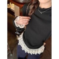 【BANKO】Phiên bản Hàn Quốc Quần áo nữ mùa xuân Nấm viền ren đen Áo thun dài tay cổ cao nửa cổ cao