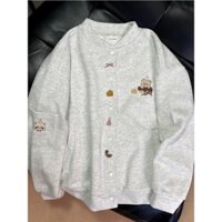 【BANKO】Phiên Bản Hàn Quốc Phong Cách Preppy Mùa Thu Nữ Rời Thêu Gấu Mỏng Phong Cách Xám Dài Tay Áo Khoác