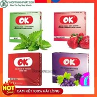 Bao cao su ok hàng việt nam chất lượng, bao cao su gân gai mùi hương dâu tây, bạc hà, nho, không mùi, hộp 3 bcs