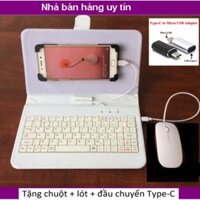 Bao da bàn phím kèm chuột điện thoại/máy tính bảng từ 4-7 in + Lót chuột + Đầu chuyển đổi Micro  sang Type C ( trắng)