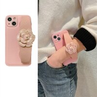 Bao da màu hồng Ngọc trai Camellia Dây đeo cổ tay Giá đỡ đeo chéo cho iPhone 14 11 13 12 Pro XS Max XR XS X 7 8 Plus SE3 2022 Dây buộc dài Vỏ máy ảnh sang trọng